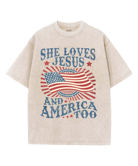 She Loves Jesus And America Too Unisex Washed Christian T-shirt