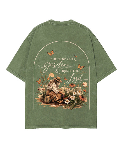 She Tends Her Garden Double Sided Unisex Washed Christian T-shirt