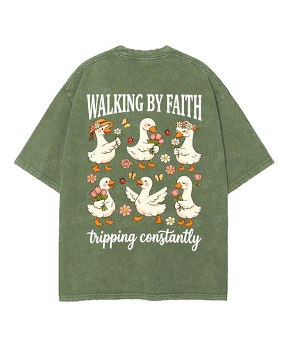 Walking By Faith Tripping Constantly Double Sided Unisex Washed Christian T-shirt