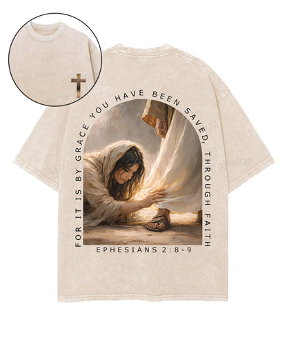 For It Is By Grace You Have Been Saved, Through Faith Double Sided Unisex Washed Christian T-shirt