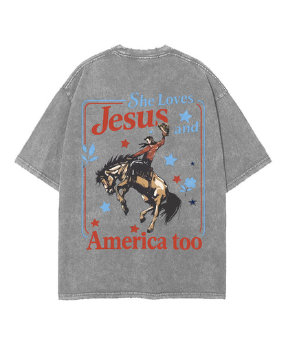 She Loves Jesus And America Double Sided Unisex Washed Christian T-shirt