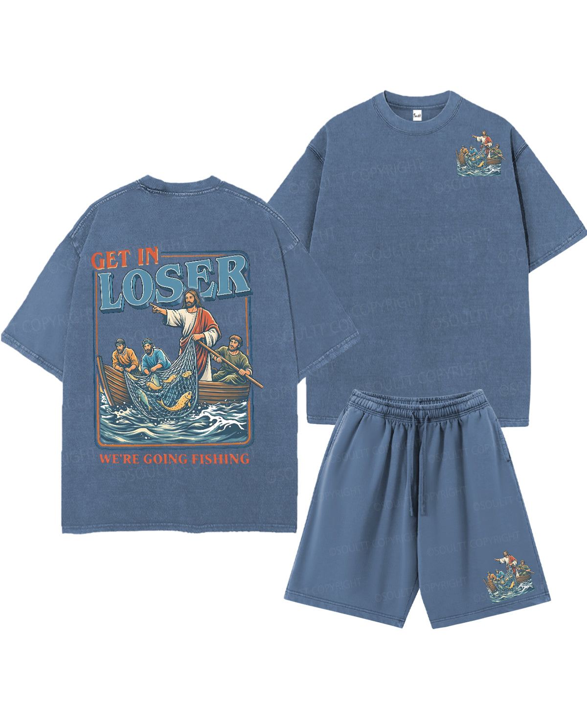 We're Going Fishing Double Sided Unisex Christian Washed T-Shirt & Shorts