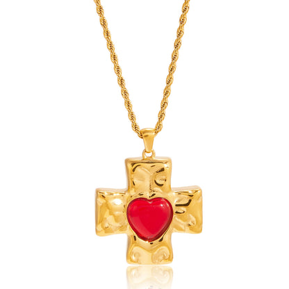 18k Gold Red Heart-shaped Zircon Cross Necklace