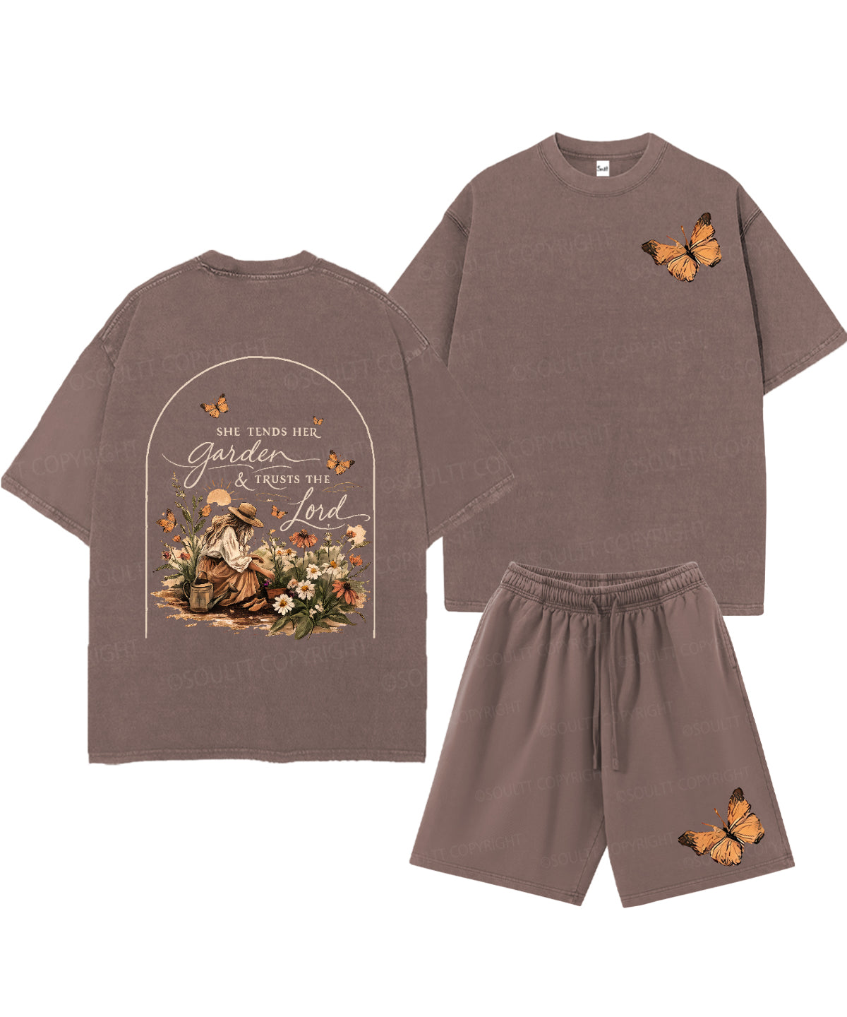 She Tends Her Garden Double Sided Unisex Christian Washed T-Shirt & Shorts