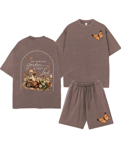 She Tends Her Garden Double Sided Unisex Christian Washed T-Shirt & Shorts