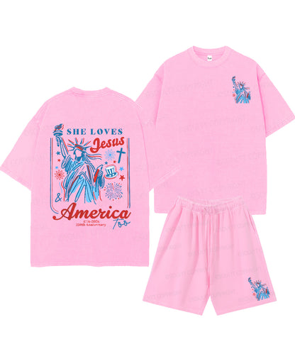 She Loves Jesus And America Too Double Sided Unisex Christian Washed T-Shirt & Shorts