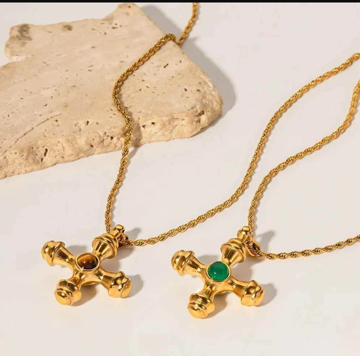 Natural Tiger's Eye Stone Cross Necklace