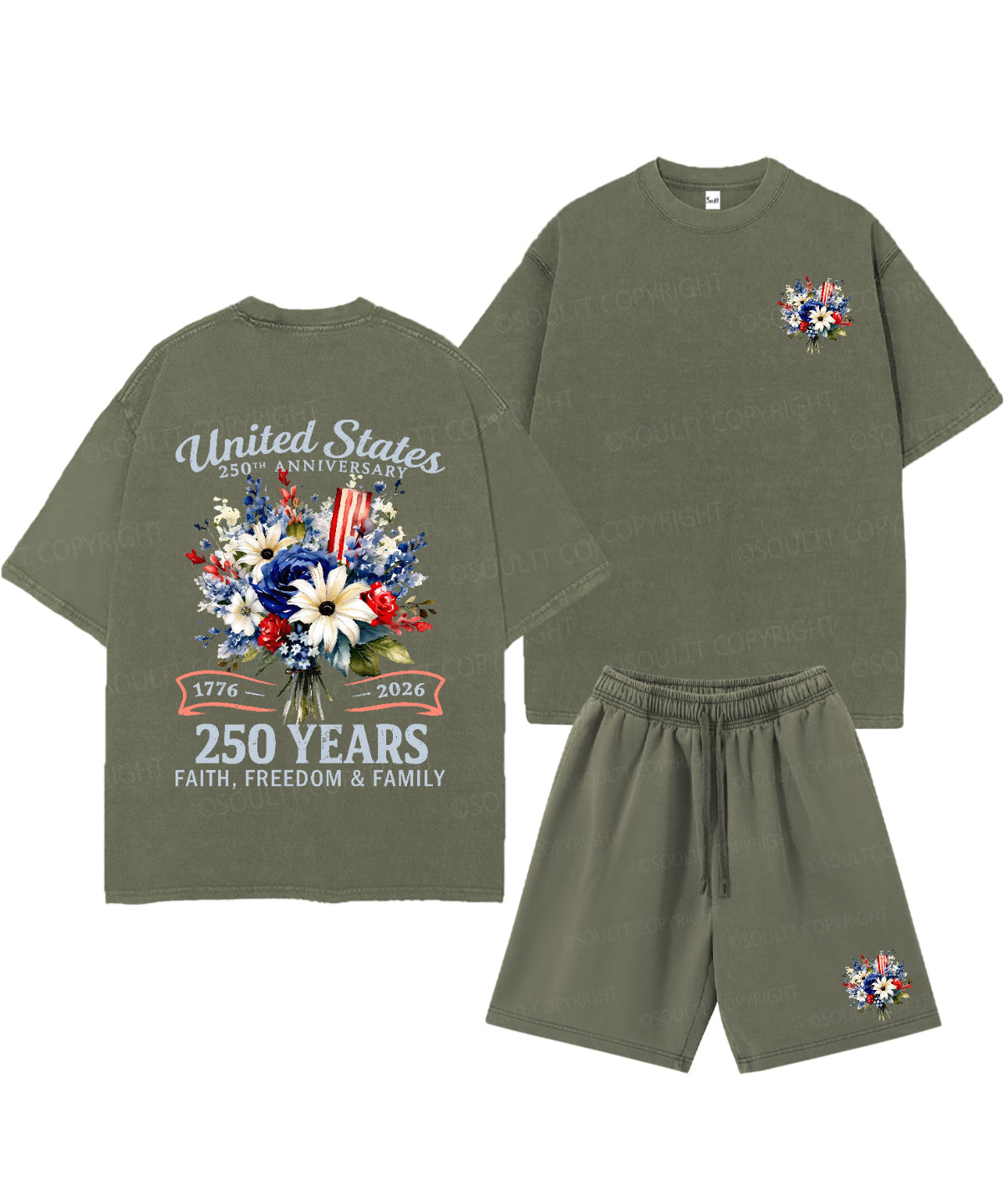 250 Years America Anniversary Double Sided Unisex Christian Washed T-Shirt & Shorts