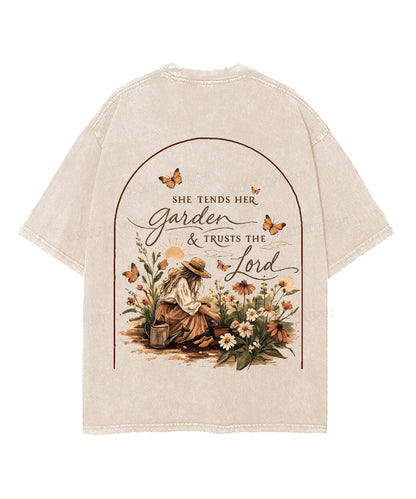 She Tends Her Garden Double Sided Unisex Washed Christian T-shirt