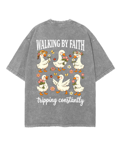 Walking By Faith Tripping Constantly Double Sided Unisex Washed Christian T-shirt