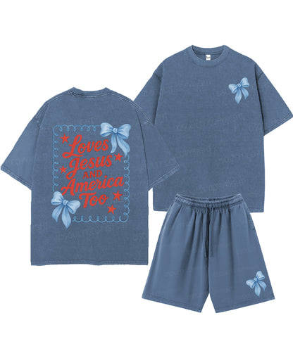 Loves Jesus And America Too Double Sided Unisex Christian Washed T-Shirt & Shorts
