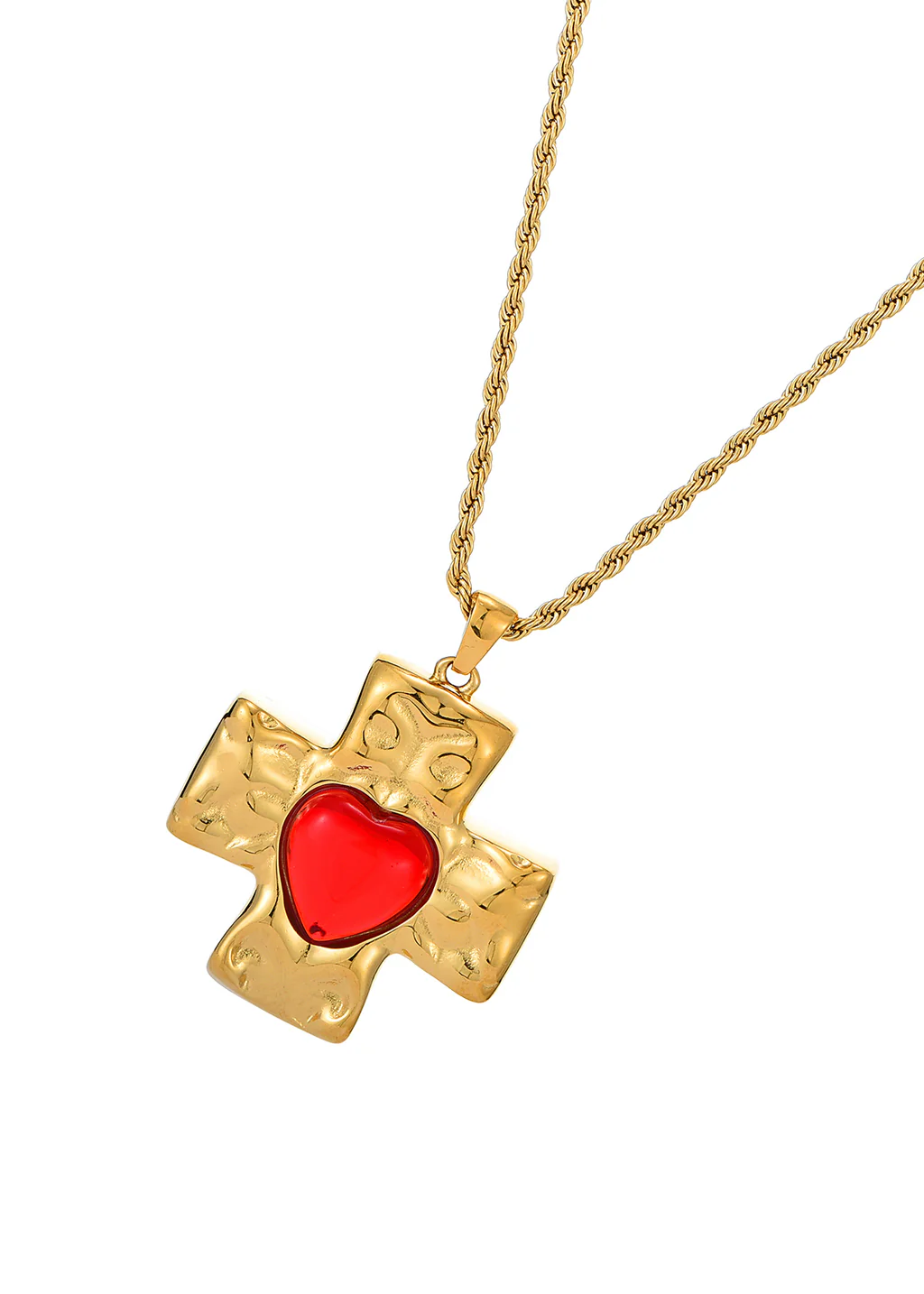 18k Gold Red Heart-shaped Zircon Cross Necklace