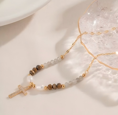 18k Gold Cross Pearl Zirconia Necklace