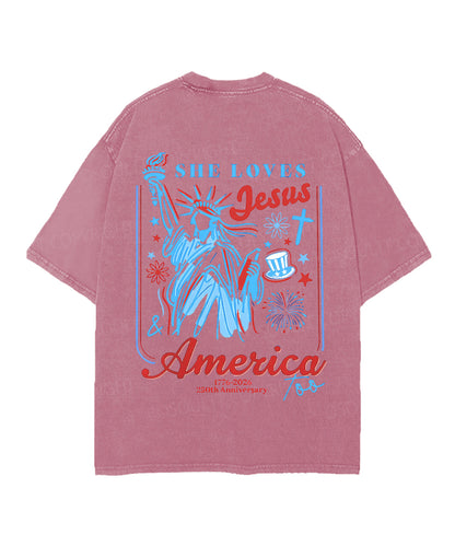 She Loves Jesus And America Too Double Sided Unisex Christian Washed T-Shirt & Shorts
