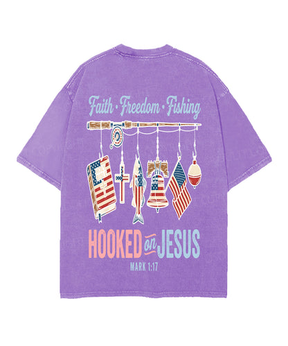 Hooked On Jesus Double Sided Unisex Christian Washed T-Shirt & Shorts