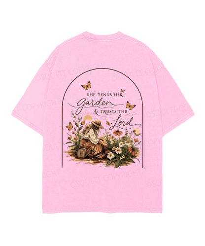 She Tends Her Garden Double Sided Unisex Christian Washed T-Shirt & Shorts