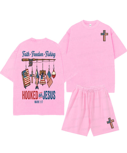 Hooked On Jesus Double Sided Unisex Christian Washed T-Shirt & Shorts