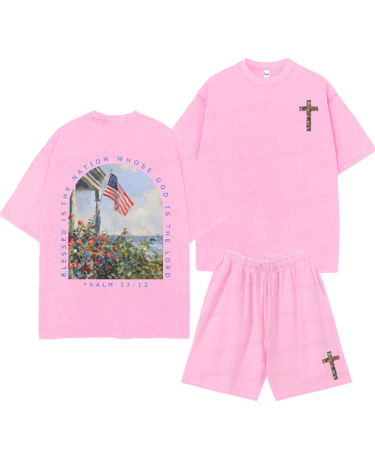 Blessed Is The Nation Whose God Is The Lord Double Sided Unisex Christian Washed T-Shirt & Shorts