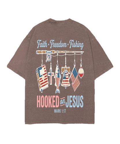 Hooked On Jesus Double Sided Unisex Christian Washed T-Shirt & Shorts