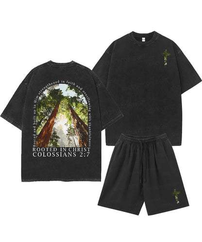 Rooted In Christ Double Sided Unisex Christian Washed T-Shirt & Shorts