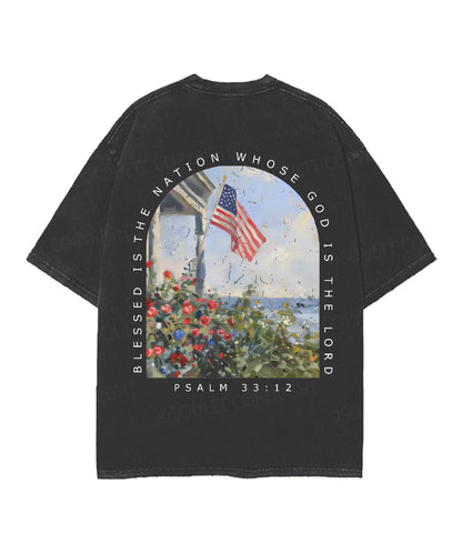 Blessed Is The Nation Whose God Is The Lord Double Sided Unisex Christian Washed T-Shirt & Shorts
