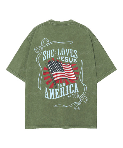 She Loves Jesus And America Too Double Sided Unisex Washed Christian T-shirt