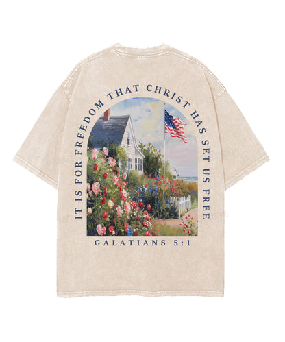 Christ Has Set Us Free Double Sided Unisex Washed Christian T-shirt