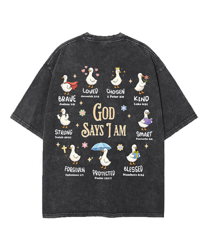 God Says I Am Double Sided Unisex Washed Christian T-shirt