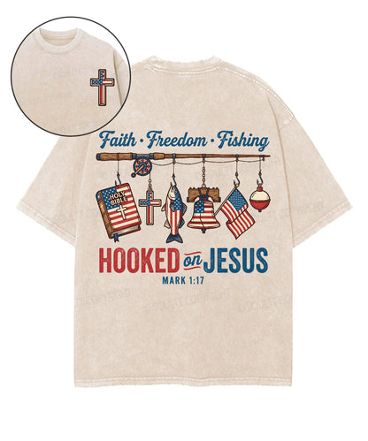 Hooked On Jesus Double Sided Unisex Washed Christian T-shirt