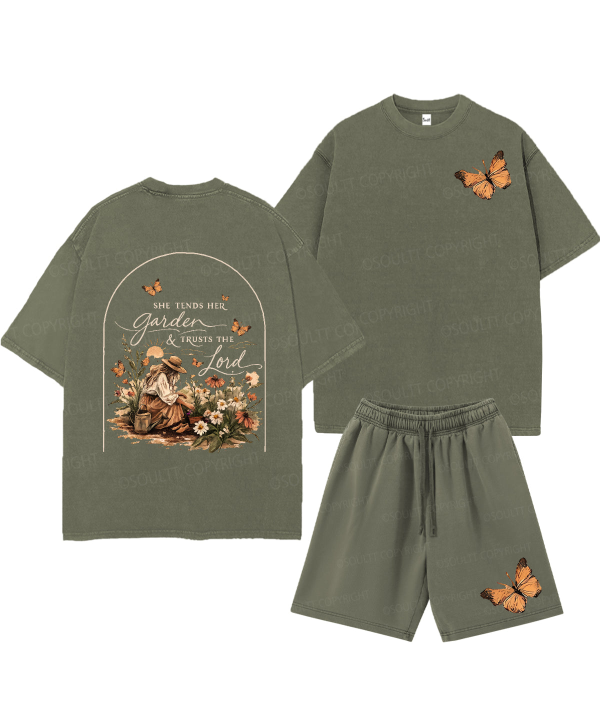 She Tends Her Garden Double Sided Unisex Christian Washed T-Shirt & Shorts