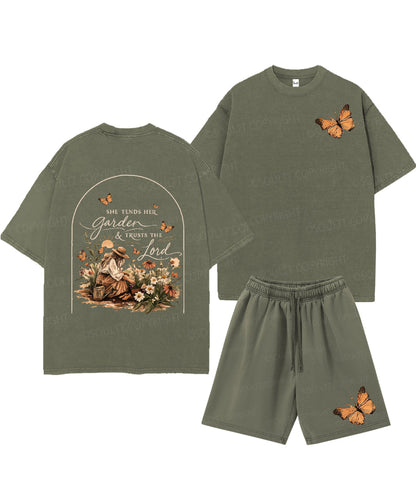 She Tends Her Garden Double Sided Unisex Christian Washed T-Shirt & Shorts