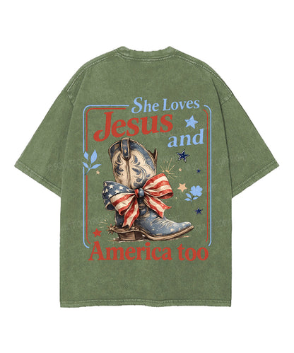 She Loves Jesus And America Too Double Sided Unisex Washed Christian T-shirt