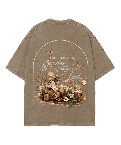 She Tends Her Garden Double Sided Unisex Washed Christian T-shirt