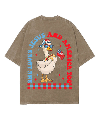 She Loves Jesus And America Double Sided Unisex Washed Christian T-shirt