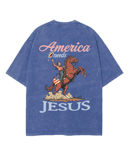 America Needs Jesus Double Sided Unisex Washed Christian T-shirt