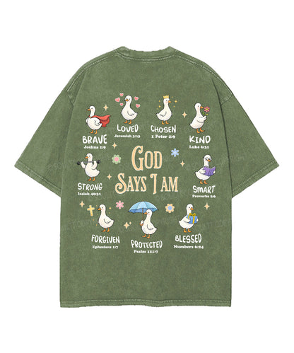 God Says I Am Double Sided Unisex Washed Christian T-shirt