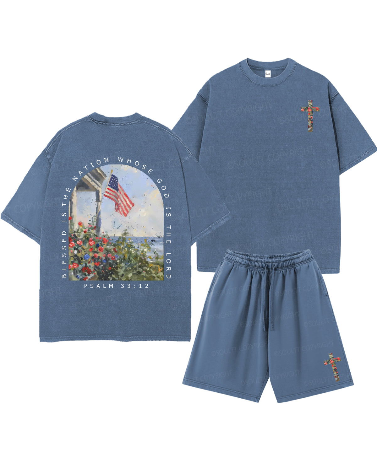 Blessed Is The Nation Whose God Is The Lord Double Sided Unisex Christian Washed T-Shirt & Shorts