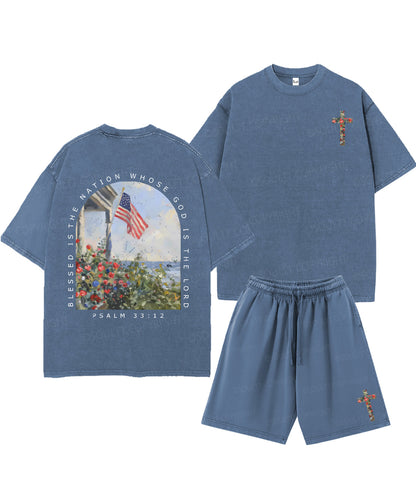 Blessed Is The Nation Whose God Is The Lord Double Sided Unisex Christian Washed T-Shirt & Shorts