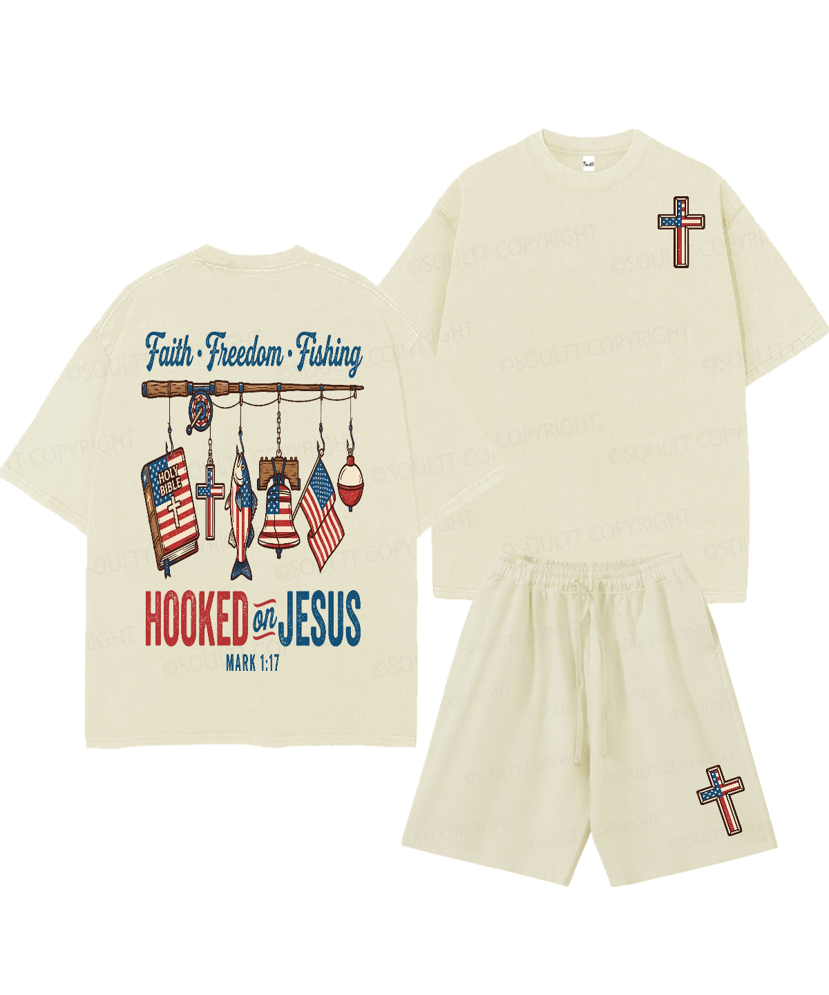 Hooked On Jesus Double Sided Unisex Christian Washed T-Shirt & Shorts