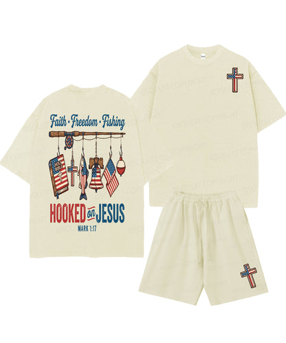 Hooked On Jesus Double Sided Unisex Christian Washed T-Shirt & Shorts