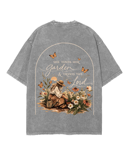 She Tends Her Garden Double Sided Unisex Washed Christian T-shirt