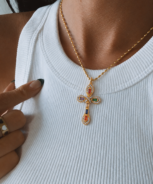 Multi-jewel 18K Gold Titanium Steel Cross Necklace