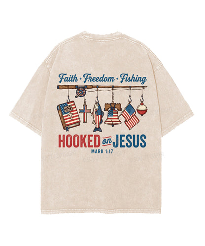 Hooked On Jesus Double Sided Unisex Washed Christian T-shirt