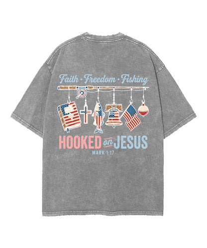 Hooked On Jesus Double Sided Unisex Washed Christian T-shirt