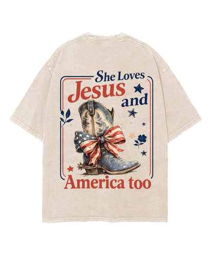 She Loves Jesus And America Too Double Sided Unisex Washed Christian T-shirt