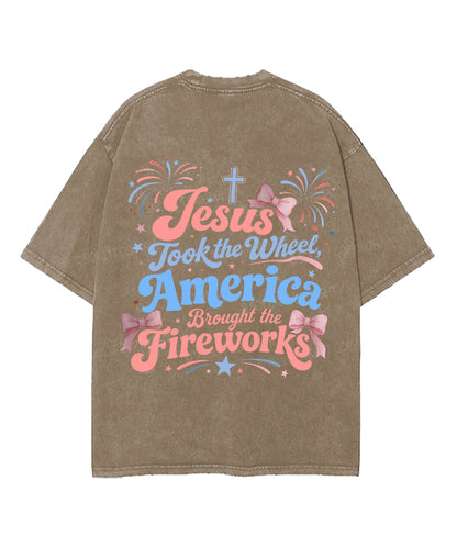 Jesus Took The Wheel America Double Sided Unisex Washed Christian T-shirt