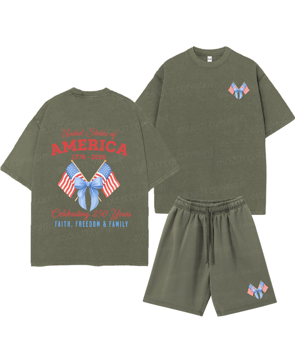 250 Years America Anniversary Double Sided Unisex Christian Washed T-Shirt & Shorts