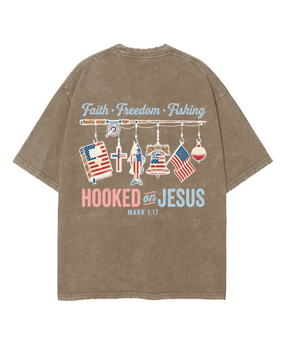 Hooked On Jesus Double Sided Unisex Washed Christian T-shirt