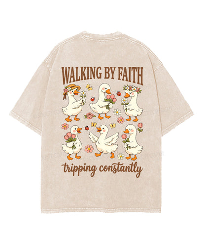 Walking By Faith Tripping Constantly Double Sided Unisex Washed Christian T-shirt