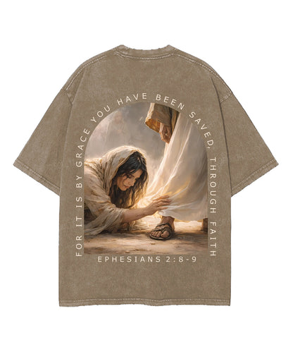 For It Is By Grace You Have Been Saved, Through Faith Double Sided Unisex Washed Christian T-shirt